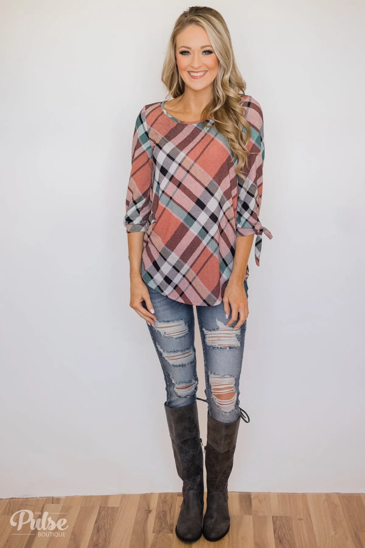3/4 Tie Sleeve Plaid Top- Peachy Orange