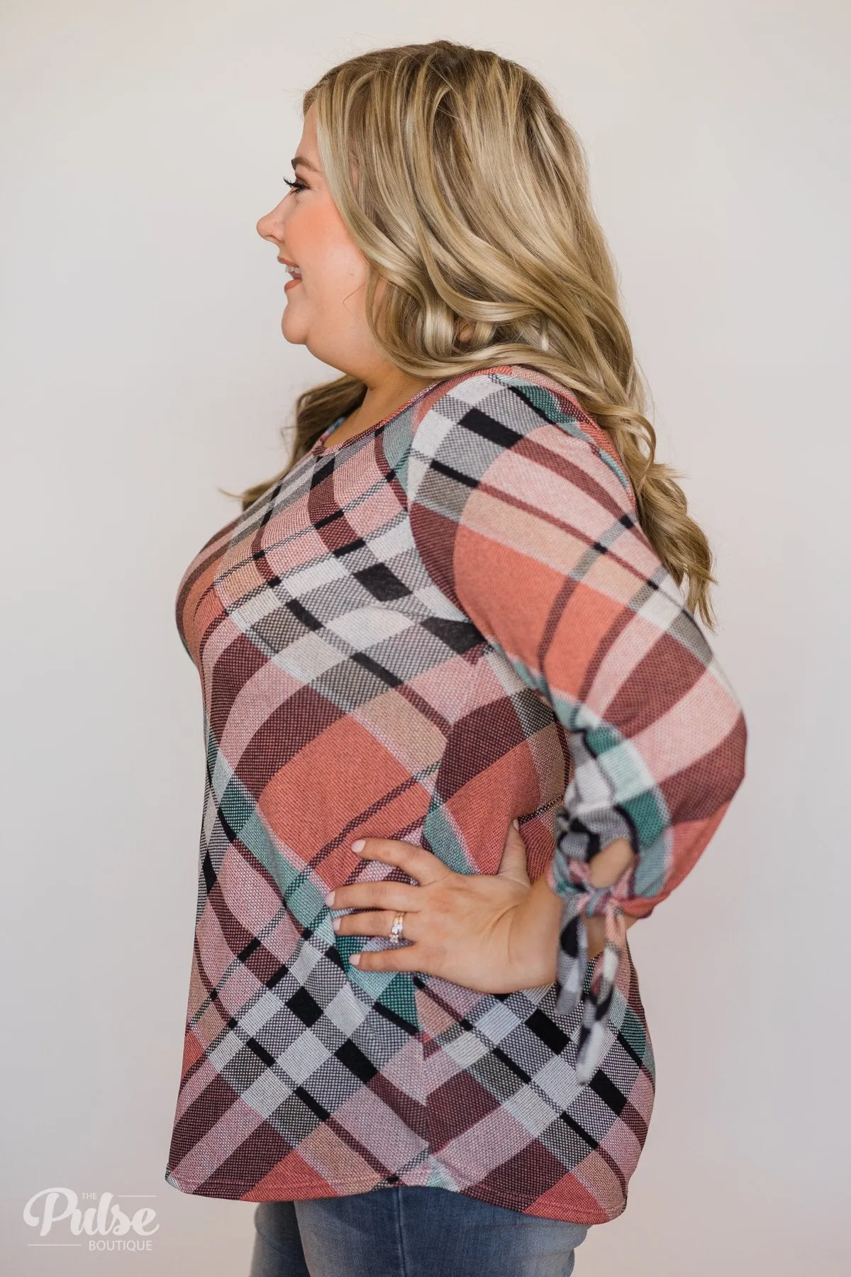 3/4 Tie Sleeve Plaid Top- Peachy Orange