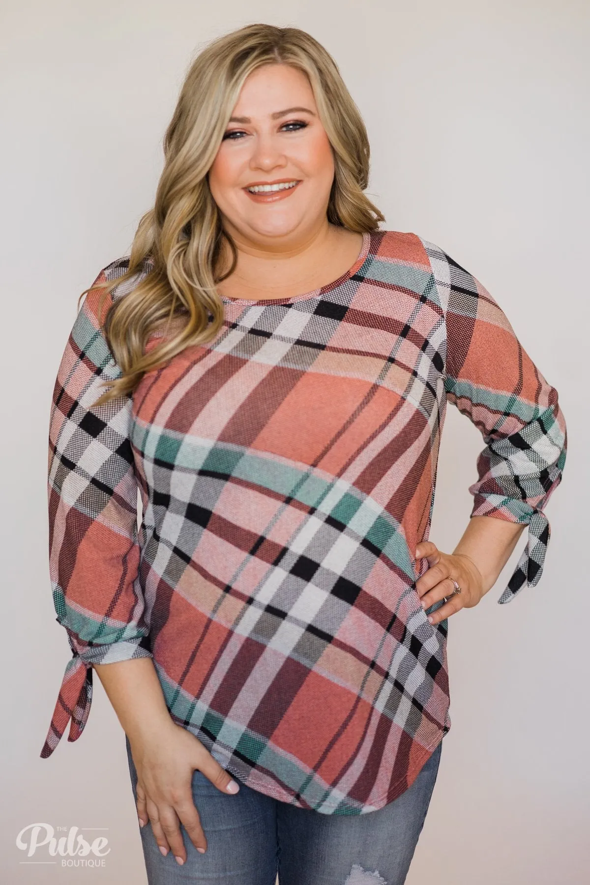 3/4 Tie Sleeve Plaid Top- Peachy Orange