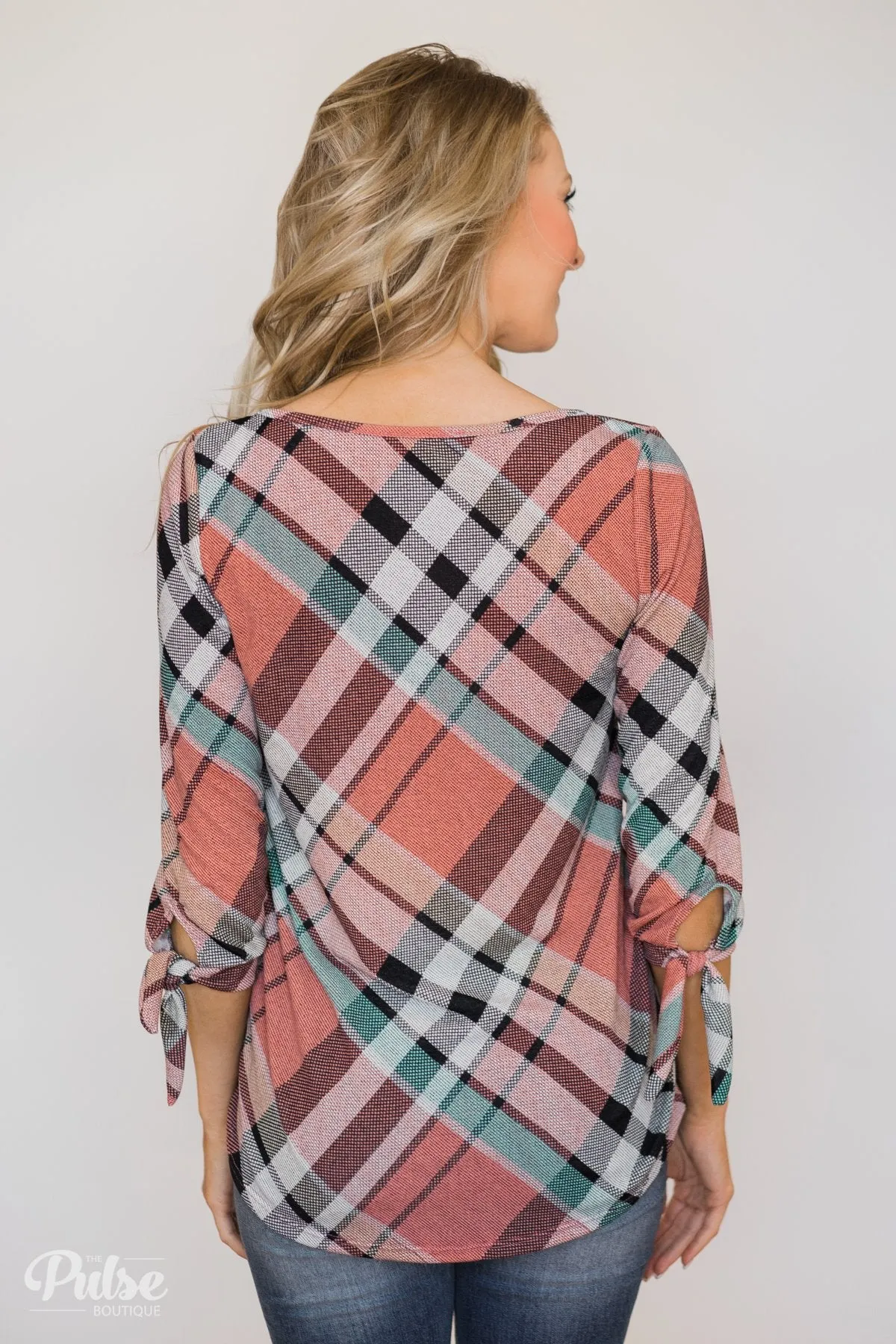 3/4 Tie Sleeve Plaid Top- Peachy Orange