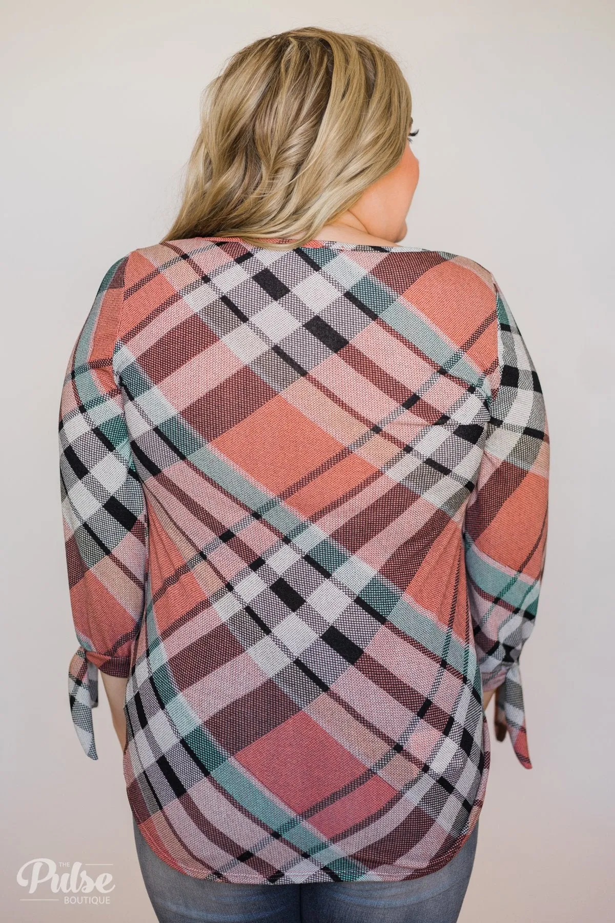 3/4 Tie Sleeve Plaid Top- Peachy Orange