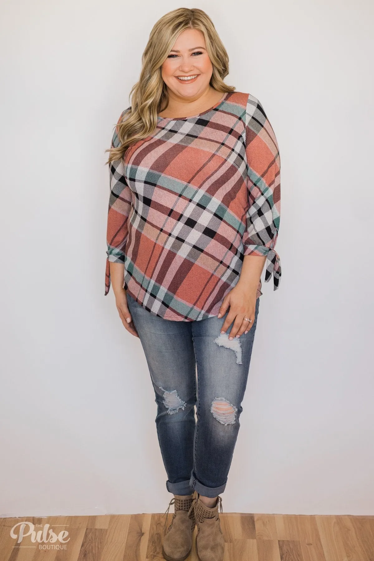 3/4 Tie Sleeve Plaid Top- Peachy Orange