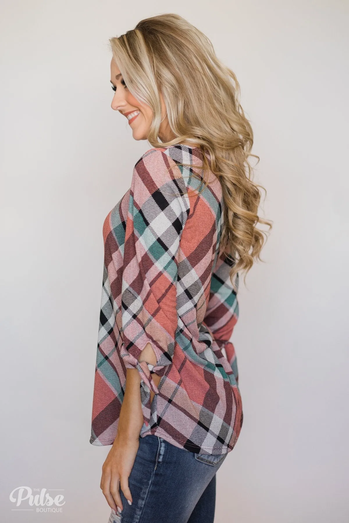 3/4 Tie Sleeve Plaid Top- Peachy Orange
