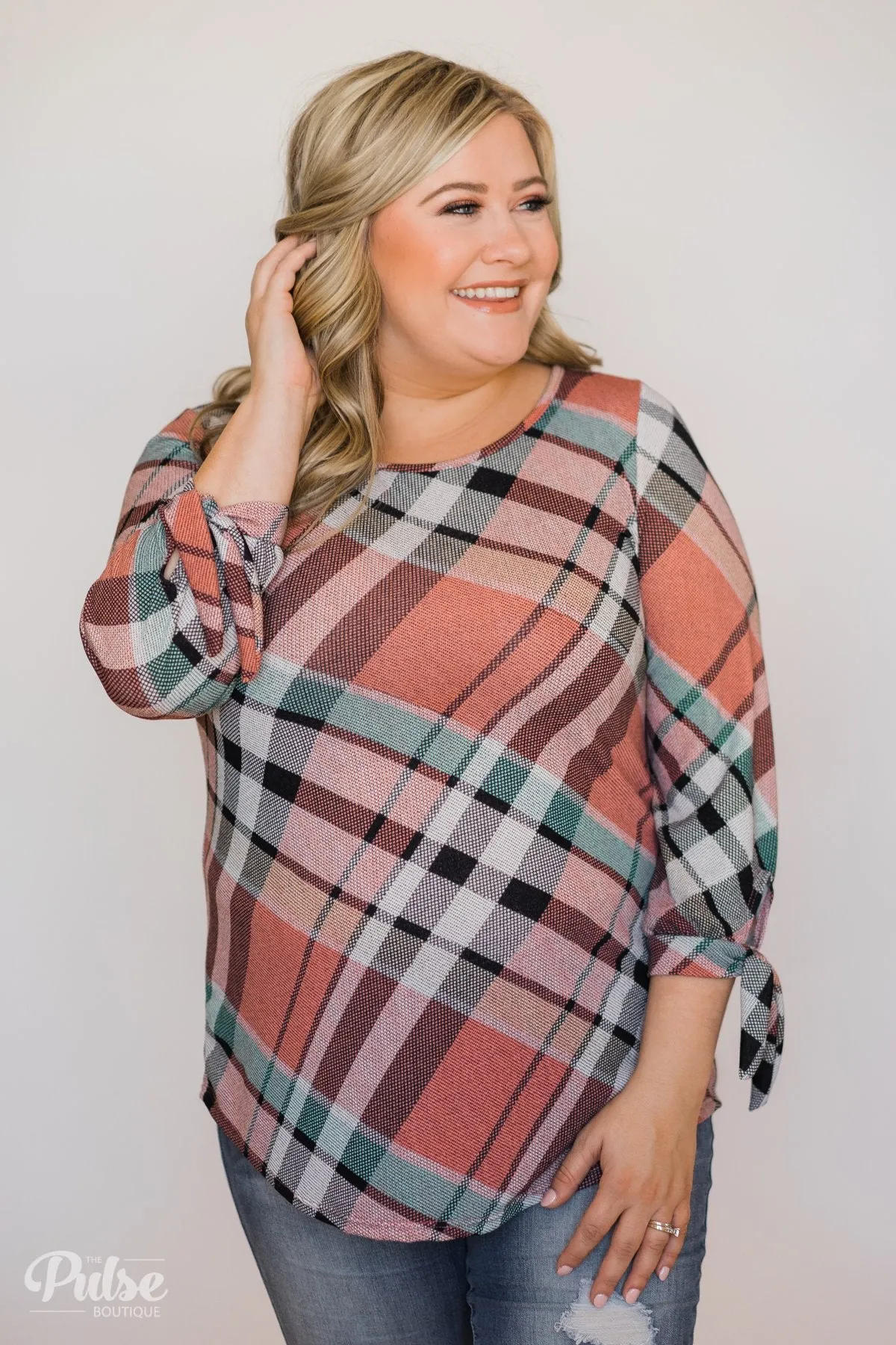 3/4 Tie Sleeve Plaid Top- Peachy Orange