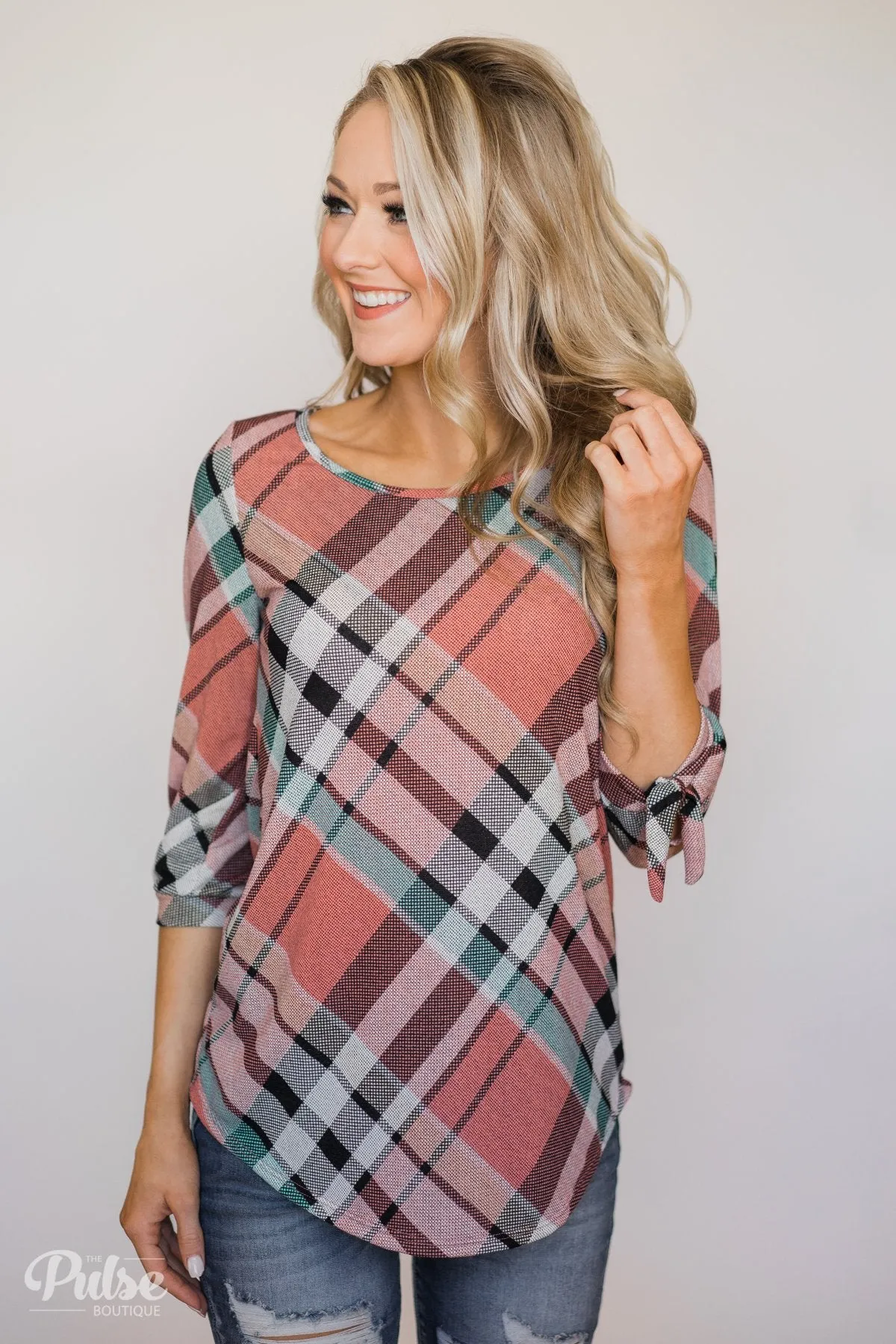 3/4 Tie Sleeve Plaid Top- Peachy Orange