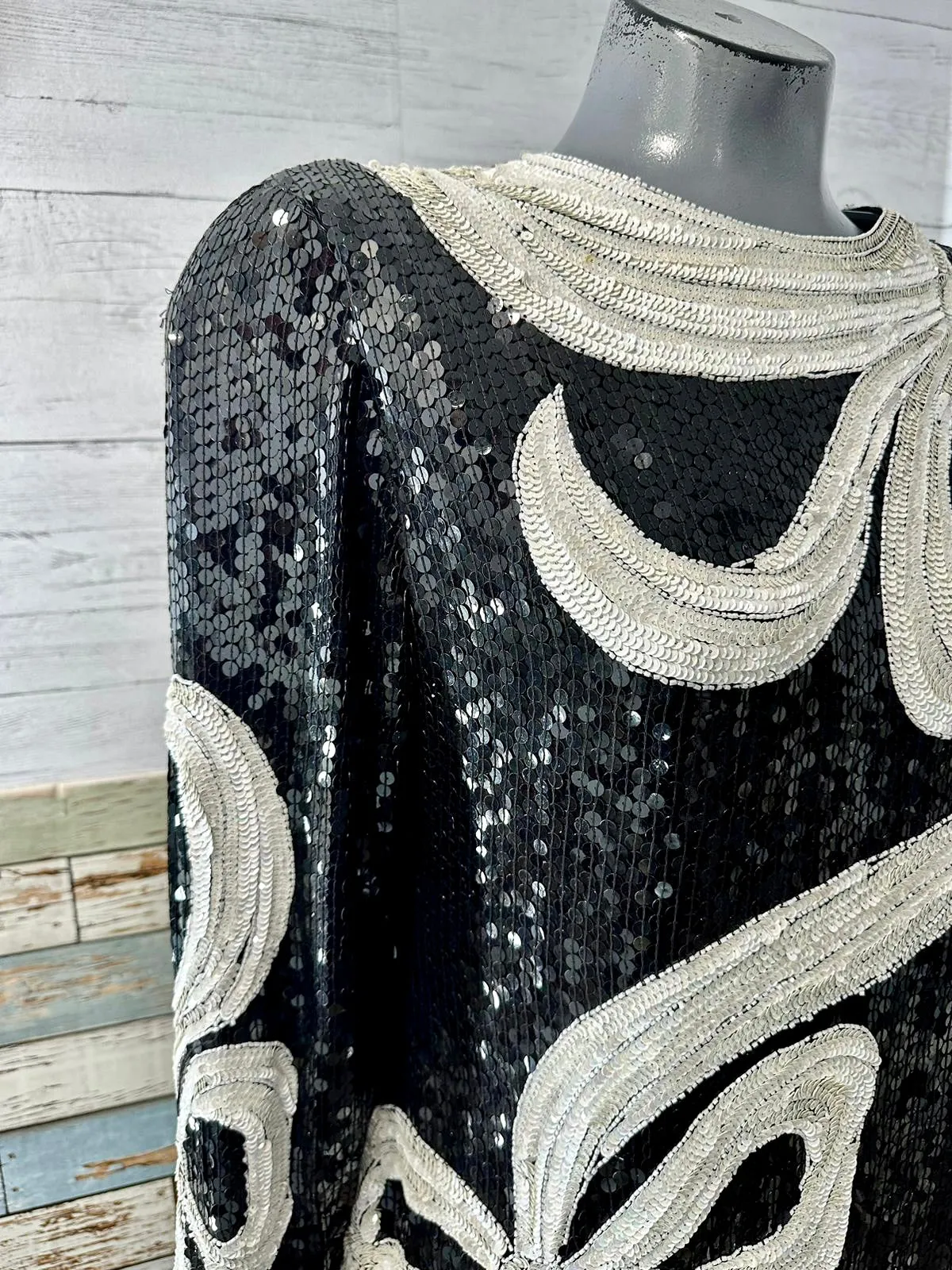 80’s Black & Off With Long Sleeve Sequins Top With Bow Design