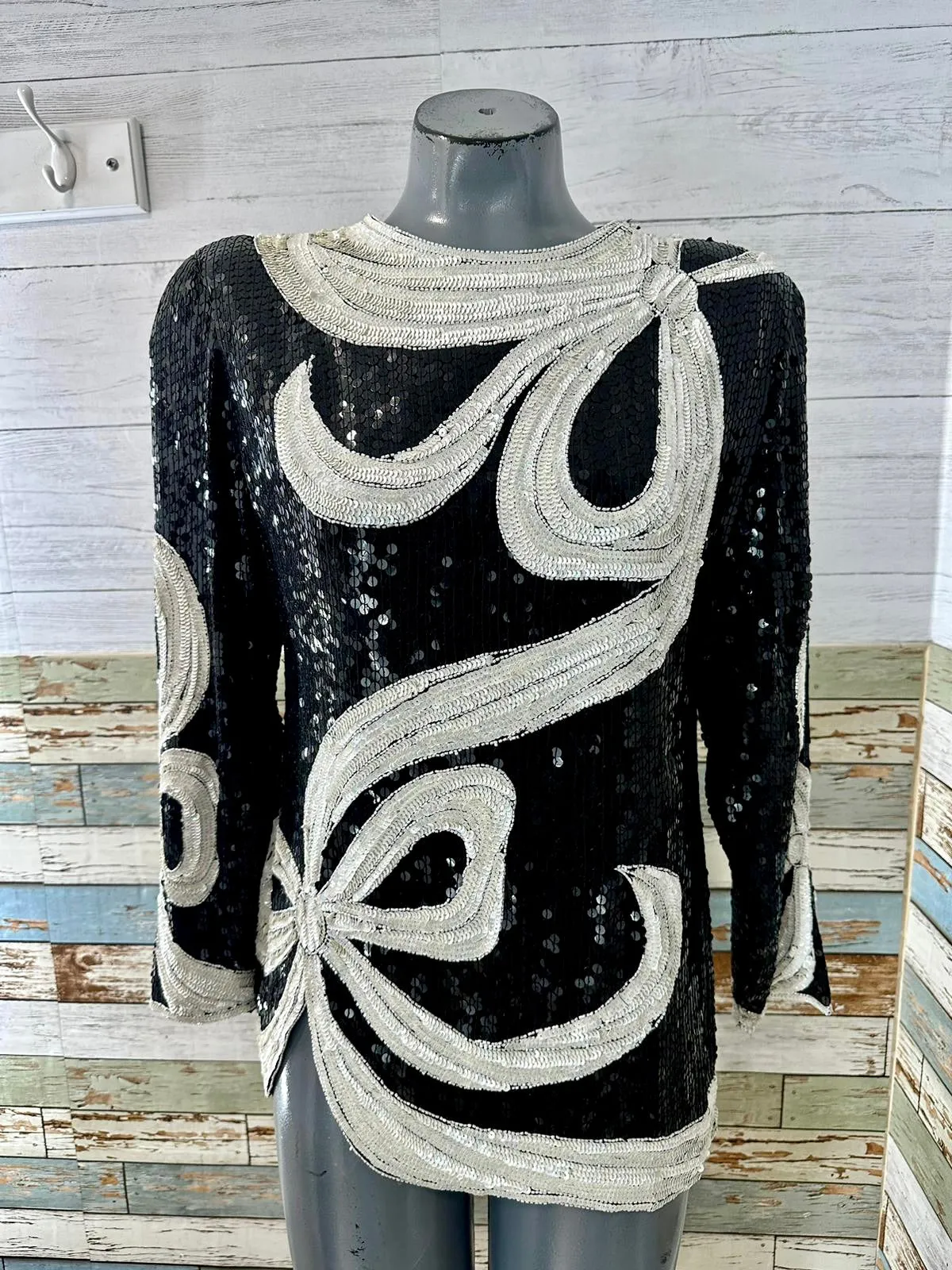 80’s Black & Off With Long Sleeve Sequins Top With Bow Design