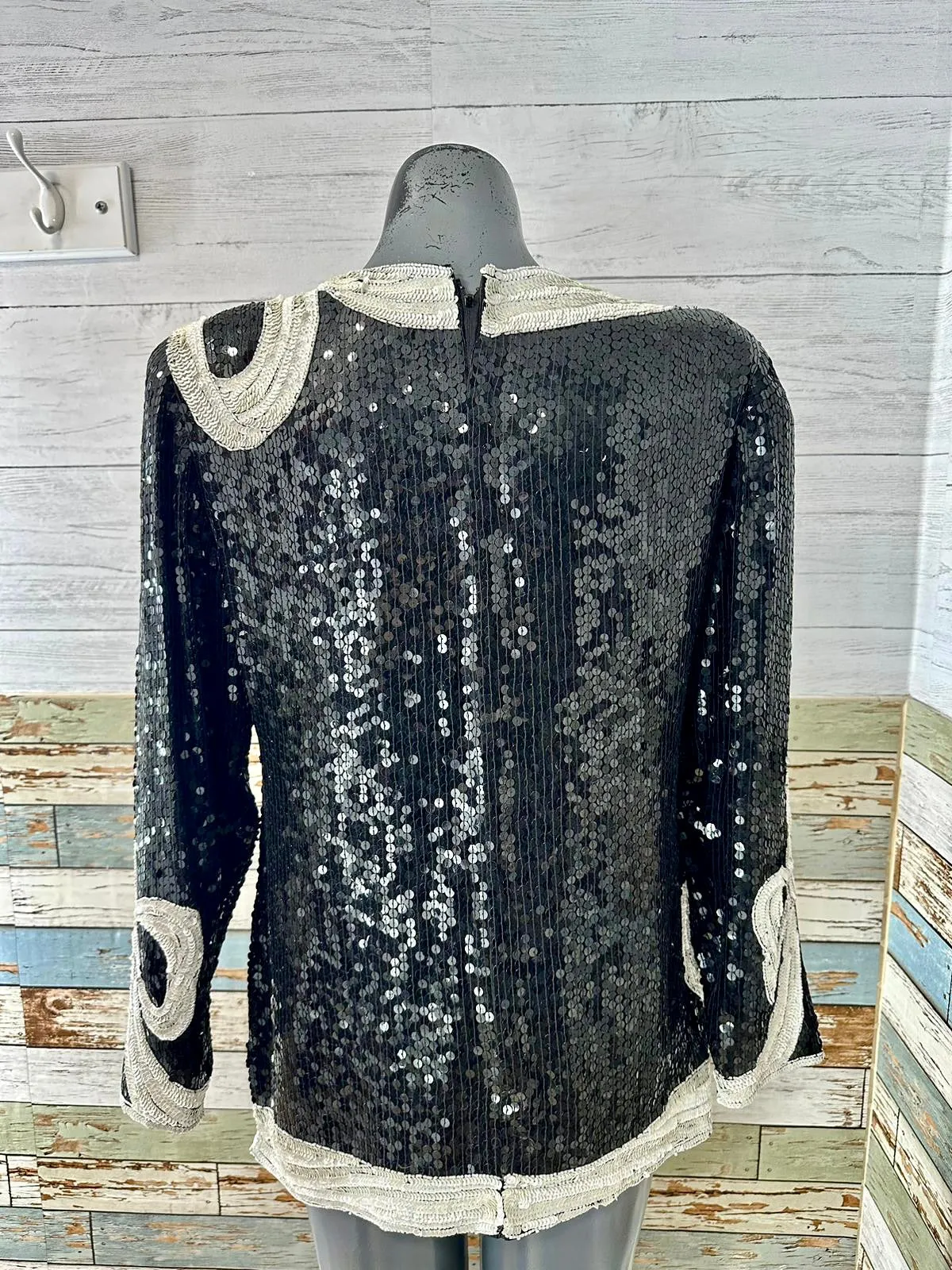 80’s Black & Off With Long Sleeve Sequins Top With Bow Design