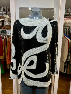 80’s Black & Off With Long Sleeve Sequins Top With Bow Design