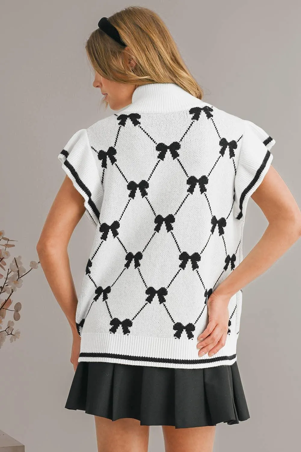 Bow Print Ruffled Sweater Top