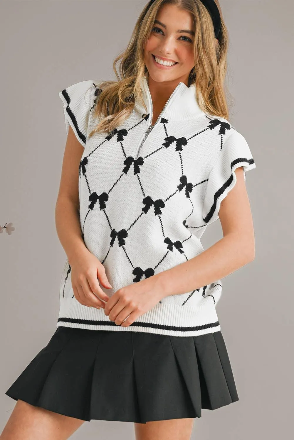 Bow Print Ruffled Sweater Top