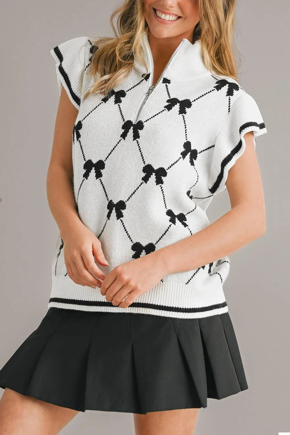 Bow Print Ruffled Sweater Top