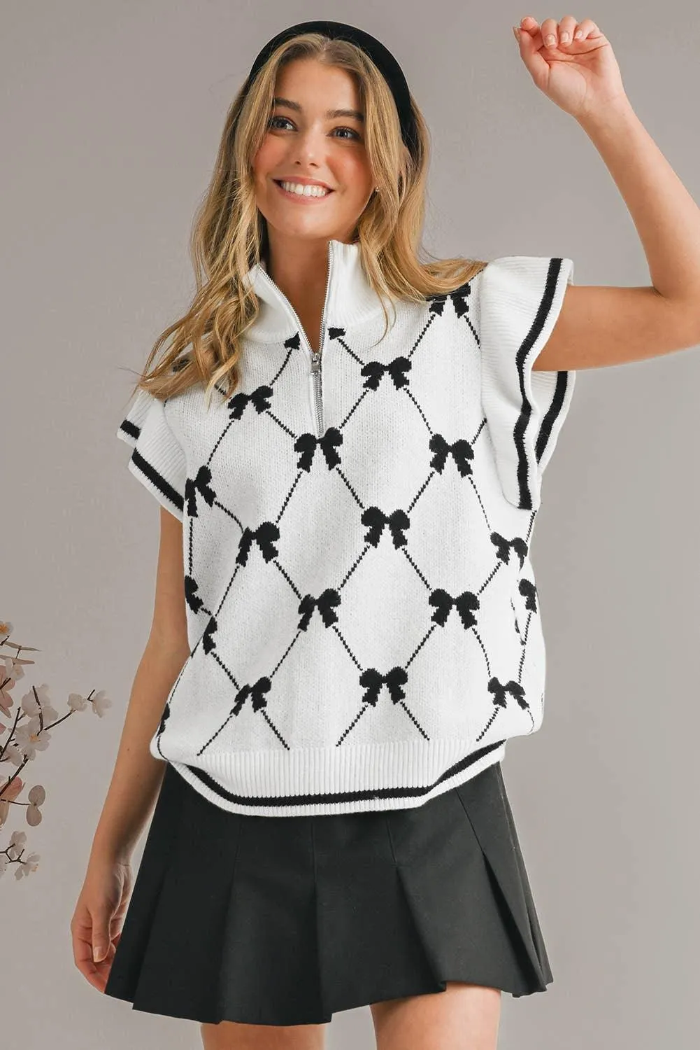 Bow Print Ruffled Sweater Top