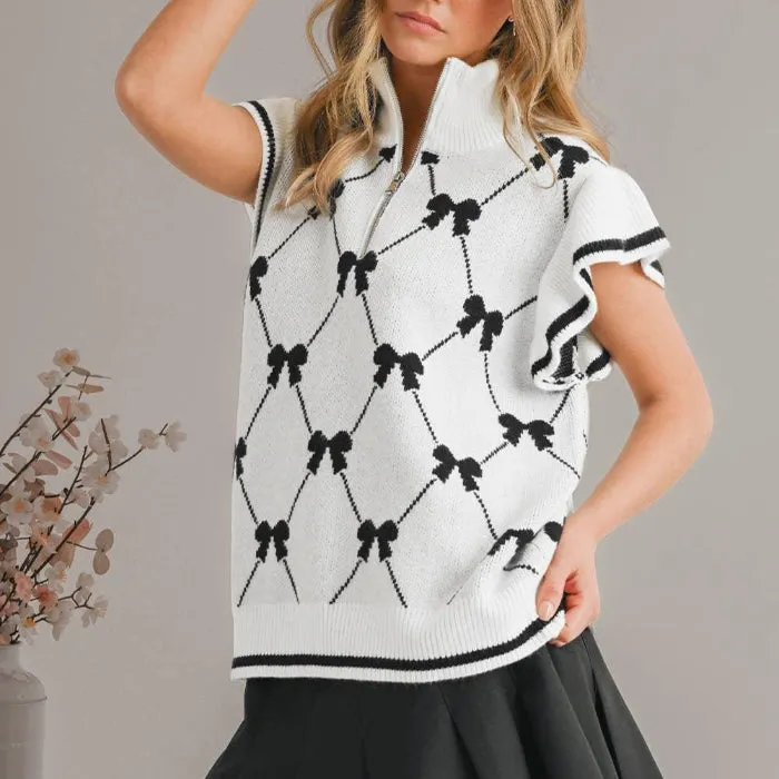 Bow Print Ruffled Sweater Top