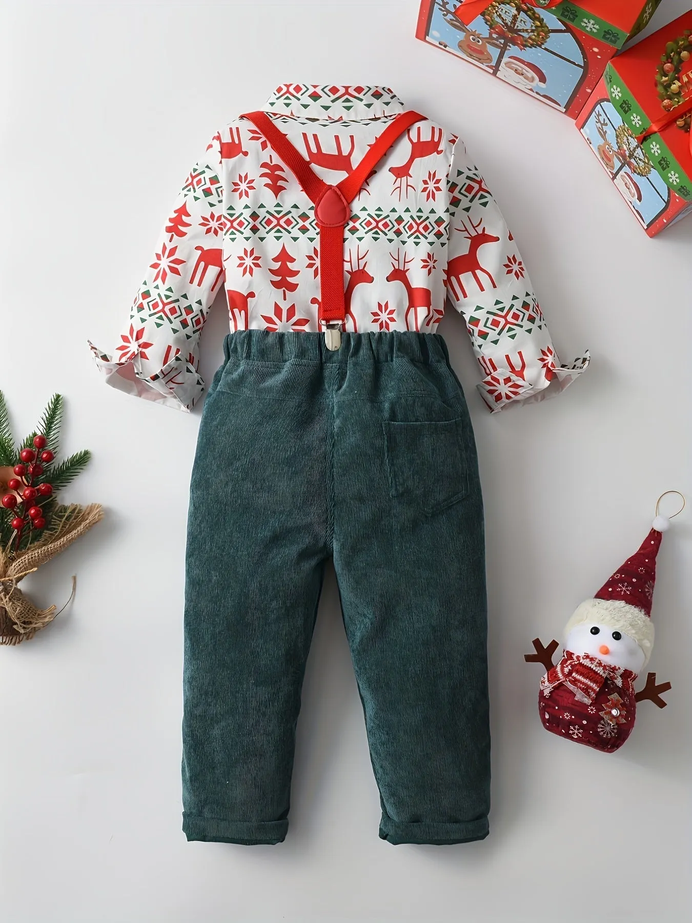 Boy's Christmas Style 2pcs, Bow Tie Shirt & Corduroy Overalls Set, Elk Print Long Sleeve Top, Casual Outfits, Kids Clothes For Spring Fall Winter