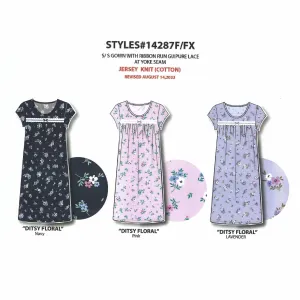 BULK BUY - Women's Cotton Jersey Knit Nightgowns with Lace & Bow (6-Pack or 3-Pack)