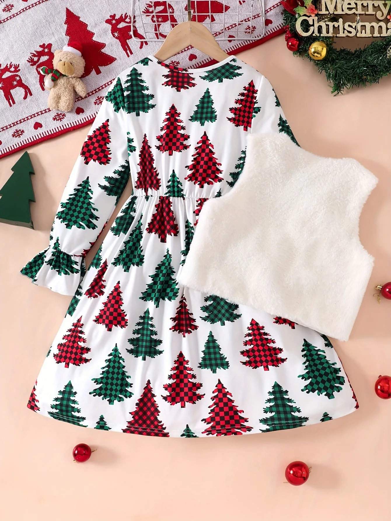 Girls' Christmas Outfit Set, Fleece Bow Vest & Christmas Tree Print Long Sleeve Dress, Polyester Knit, Regular Fit, Elastic Waist, Holiday Fashion for Kids