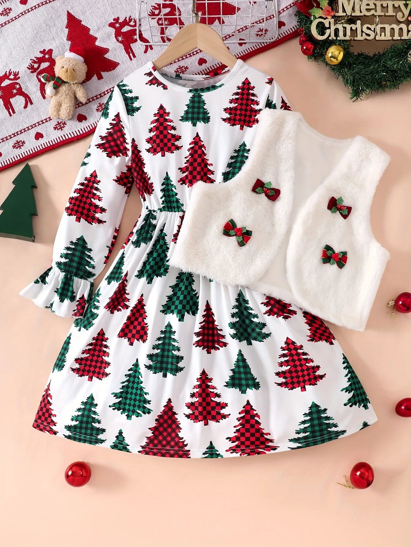 Girls' Christmas Outfit Set, Fleece Bow Vest & Christmas Tree Print Long Sleeve Dress, Polyester Knit, Regular Fit, Elastic Waist, Holiday Fashion for Kids