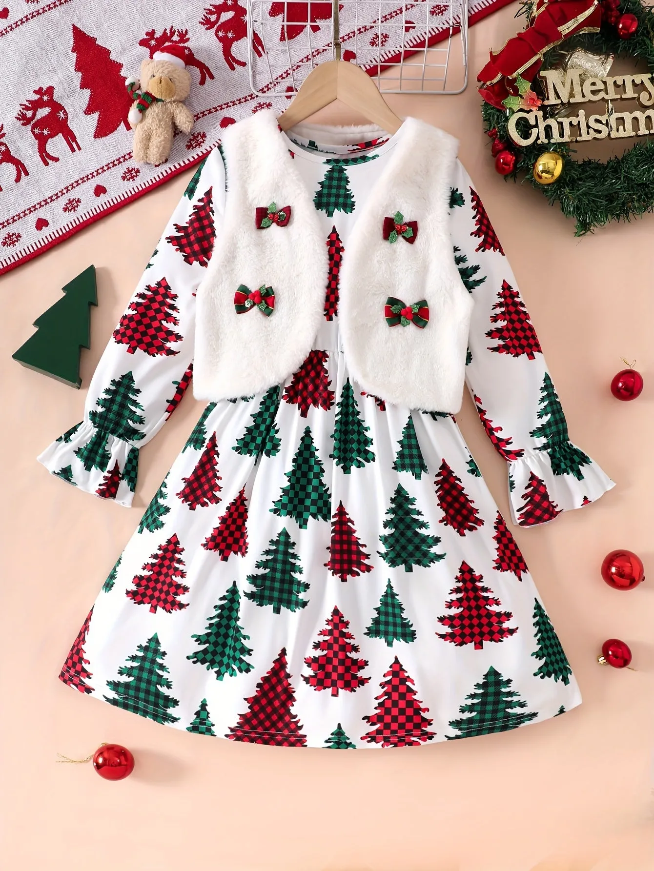 Girls' Christmas Outfit Set, Fleece Bow Vest & Christmas Tree Print Long Sleeve Dress, Polyester Knit, Regular Fit, Elastic Waist, Holiday Fashion for Kids
