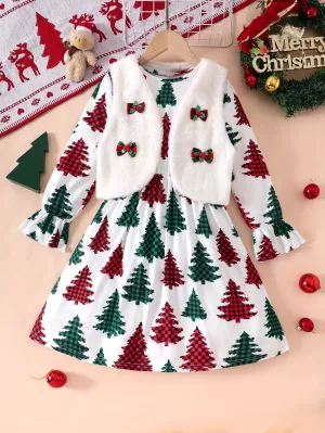 Girls' Christmas Outfit Set, Fleece Bow Vest & Christmas Tree Print Long Sleeve Dress, Polyester Knit, Regular Fit, Elastic Waist, Holiday Fashion for Kids