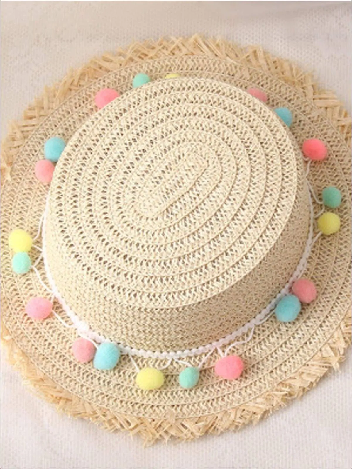 Girls Frayed Edge Pom Pom Straw Hat