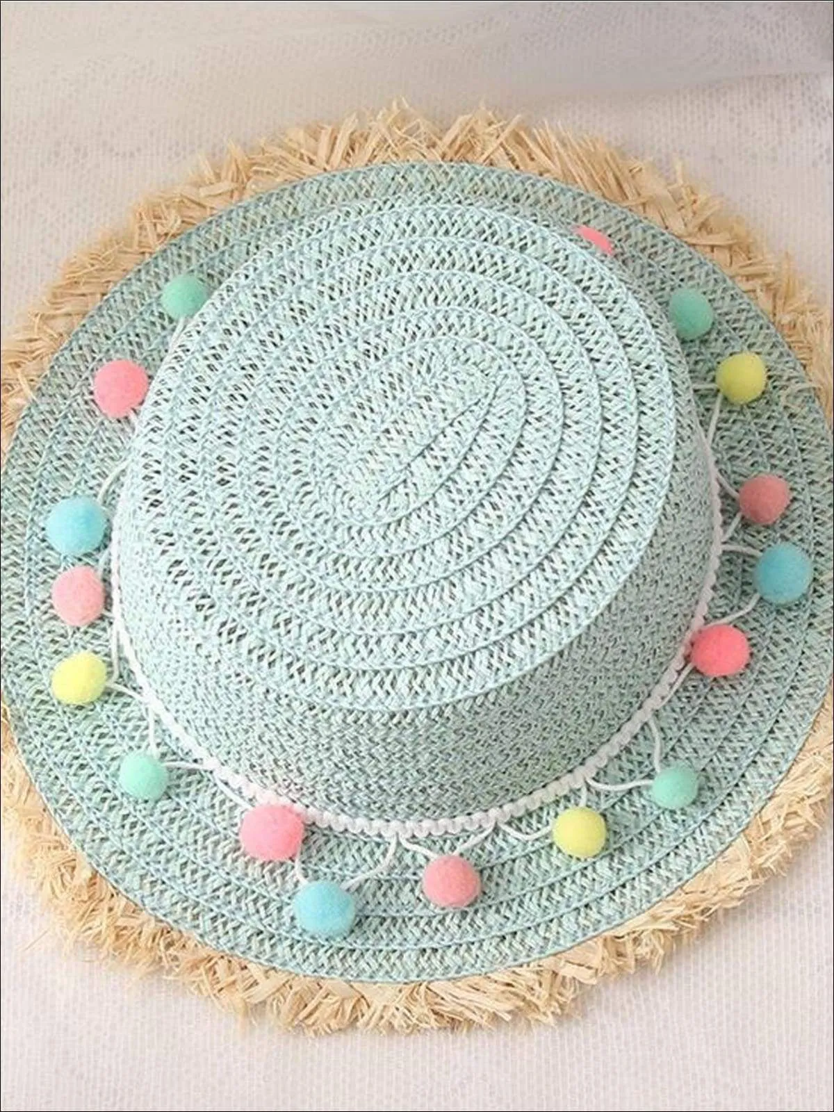 Girls Frayed Edge Pom Pom Straw Hat