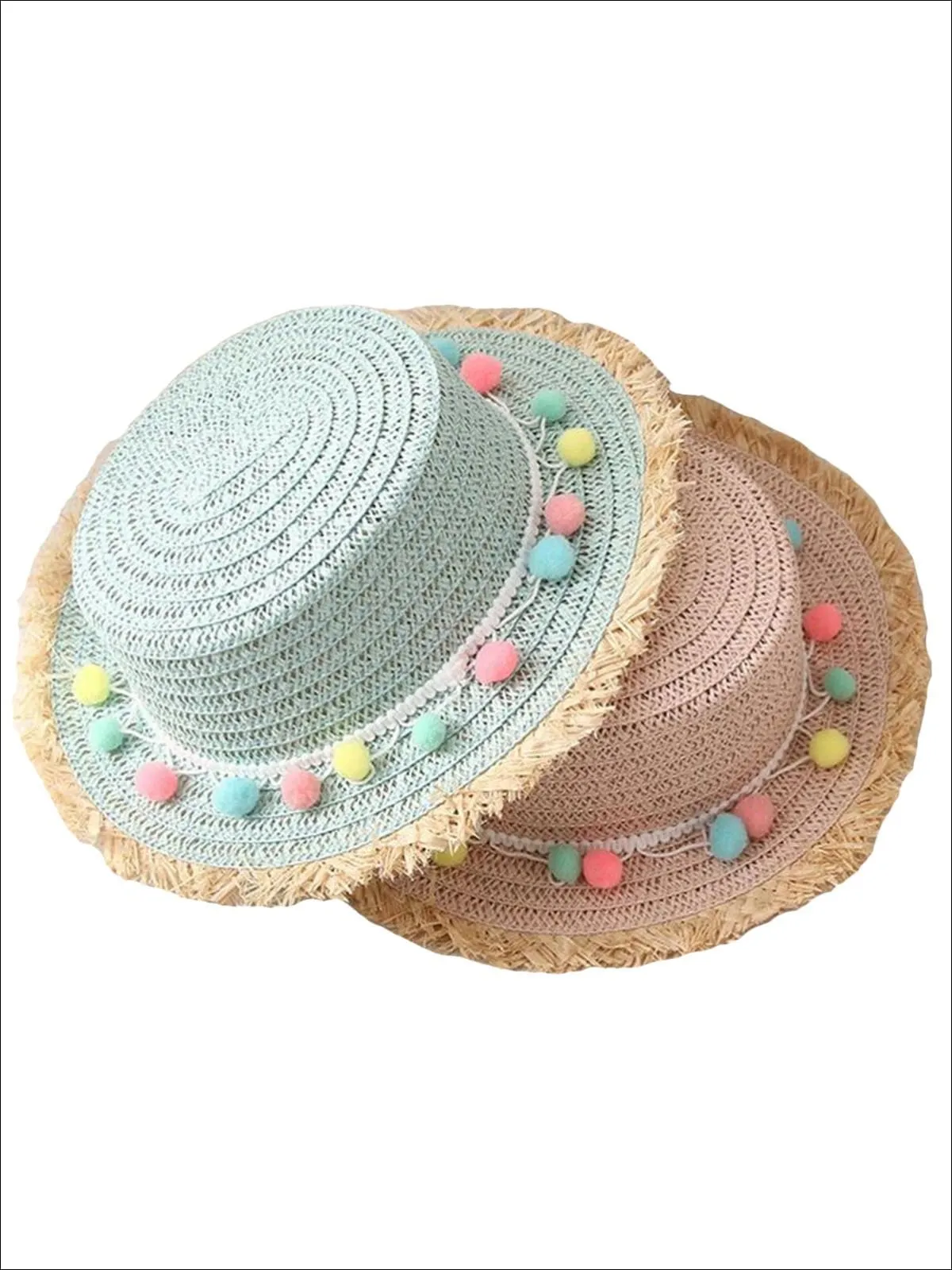 Girls Frayed Edge Pom Pom Straw Hat