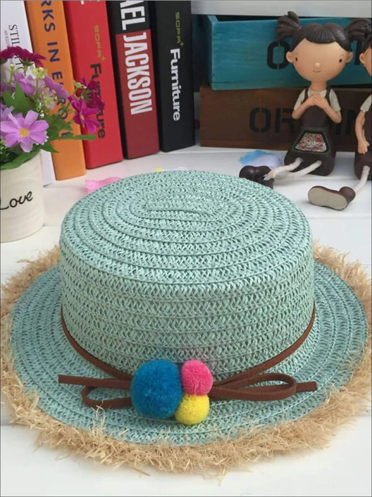 Girls Leather Banded Rainbow Pom Pom Embellished Straw Hat