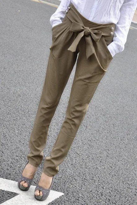 high waist women's Skinny Long Trousers OL casual Bow harem pants plus size Black, Khaki