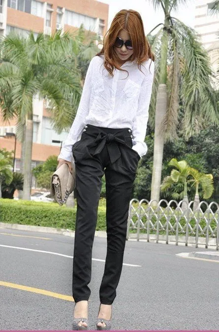 high waist women's Skinny Long Trousers OL casual Bow harem pants plus size Black, Khaki