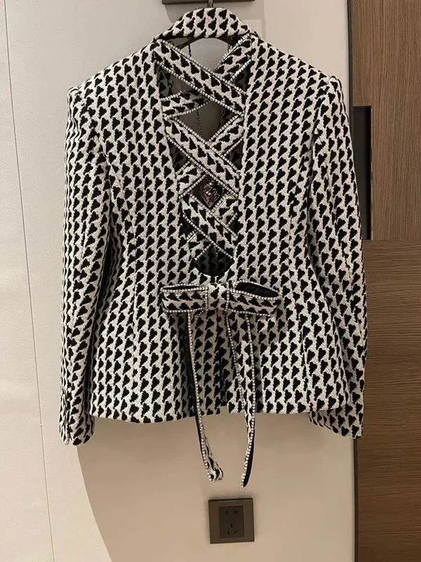 Hollow Out Bow Tie Women's Blazer New Notched Single-breasted Slim Suit