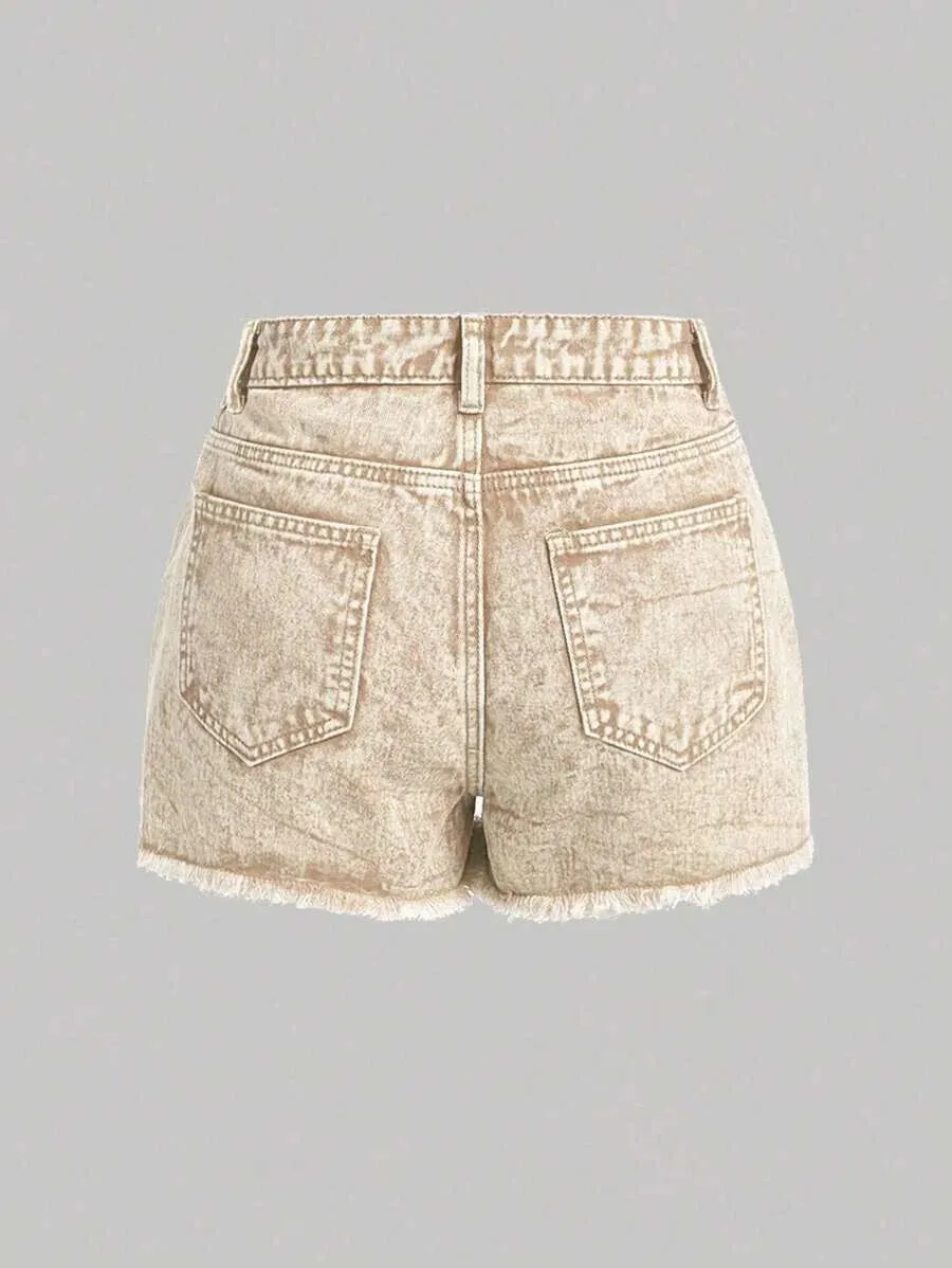 Kimora Denim Shorts Women Ripped Frayed Hem in Khaki