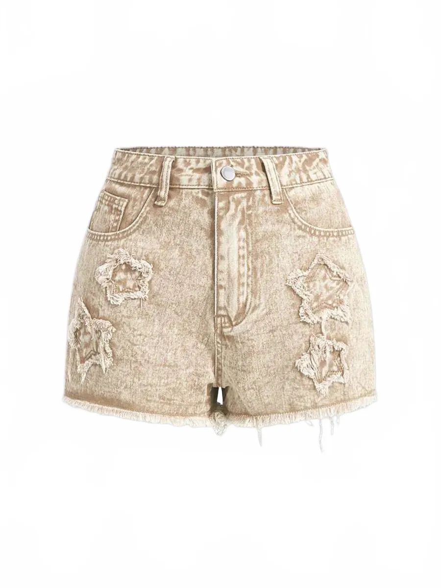 Kimora Denim Shorts Women Ripped Frayed Hem in Khaki