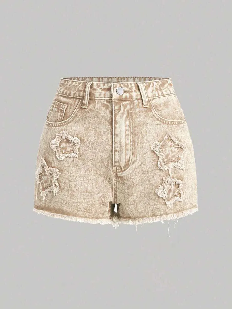 Kimora Denim Shorts Women Ripped Frayed Hem in Khaki