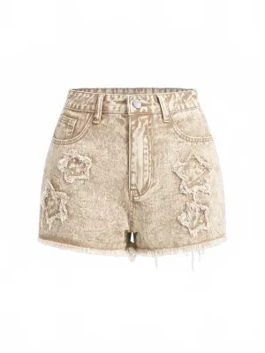 Kimora Denim Shorts Women Ripped Frayed Hem in Khaki