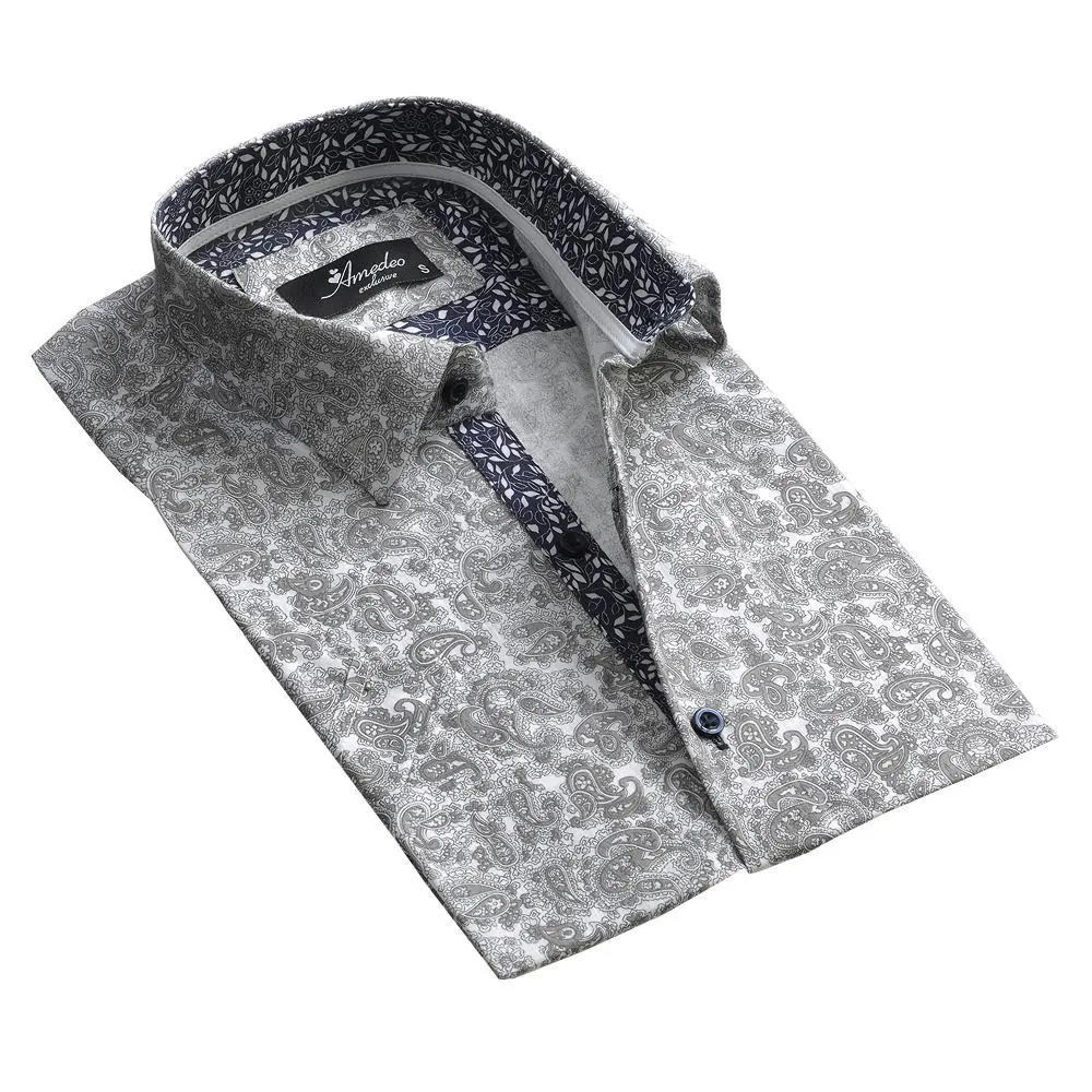 Light Grey Floral Mens Short Sleeve Button up Shirts - Tailored Slim Fit Cotton Dress Shirts