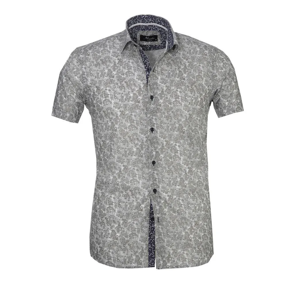 Light Grey Floral Mens Short Sleeve Button up Shirts - Tailored Slim Fit Cotton Dress Shirts