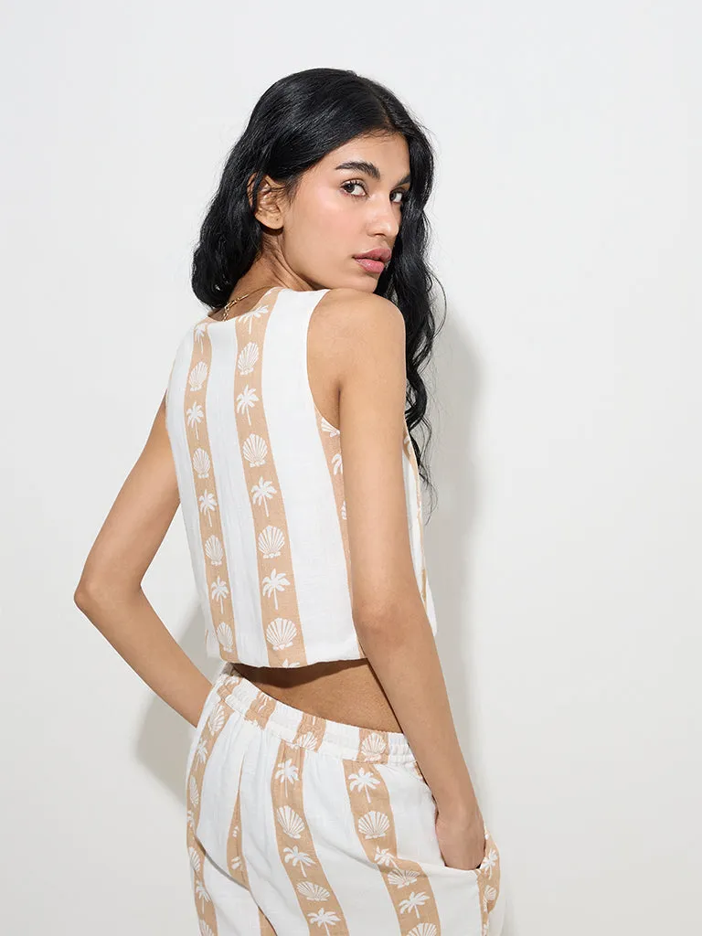 Nuon Beige Shell Printed Cotton-Blend Top