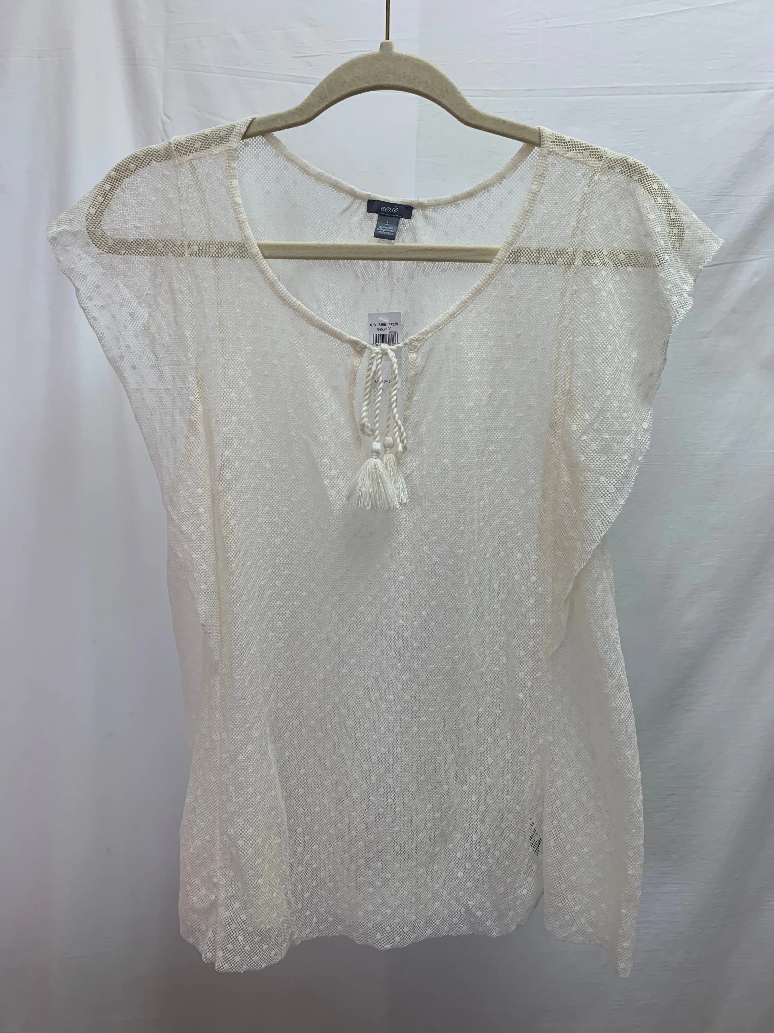 NWT - AERIE cream Sheer Net Dot Short Sleeve Shirt - Large