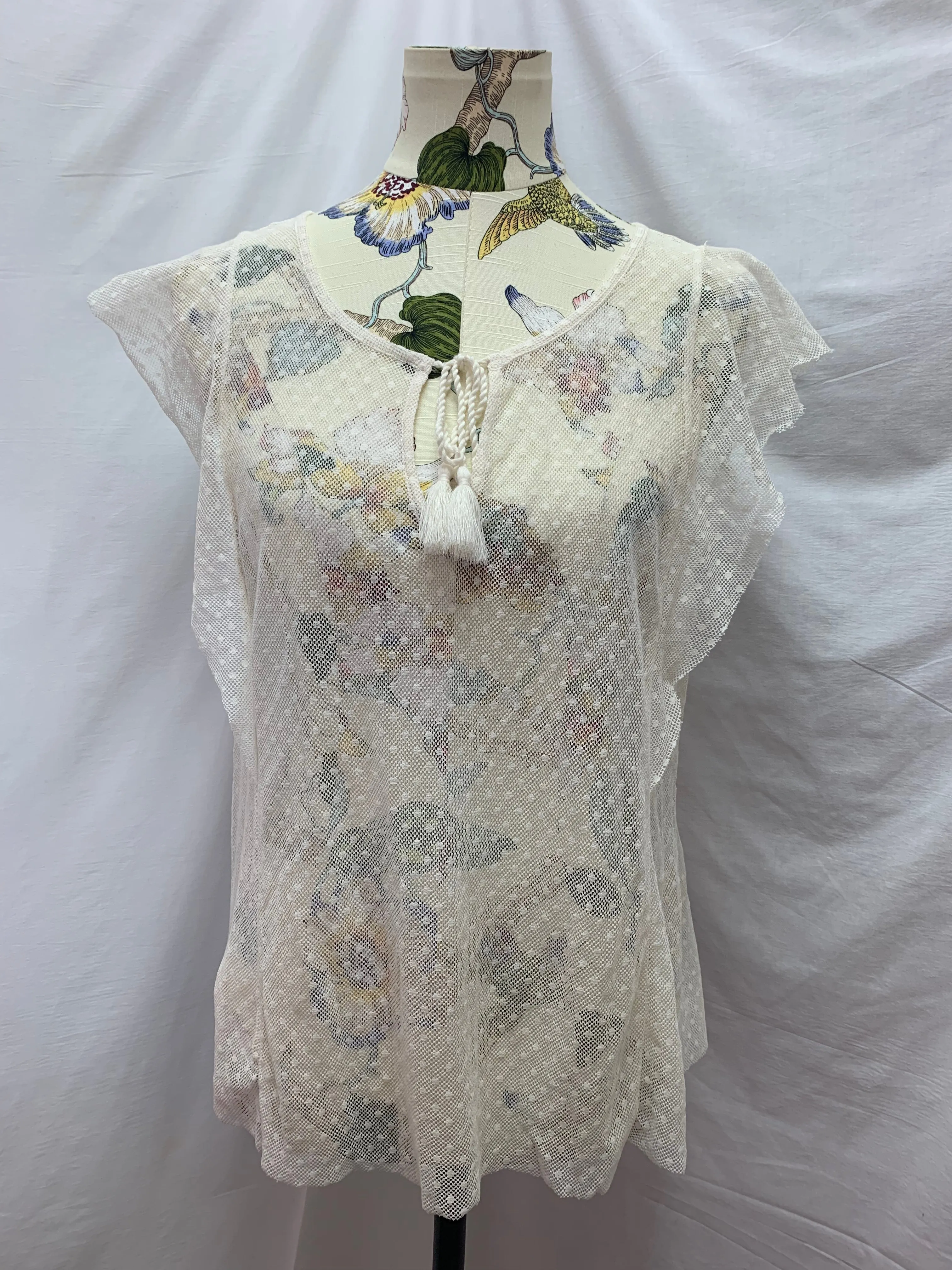 NWT - AERIE cream Sheer Net Dot Short Sleeve Shirt - Large
