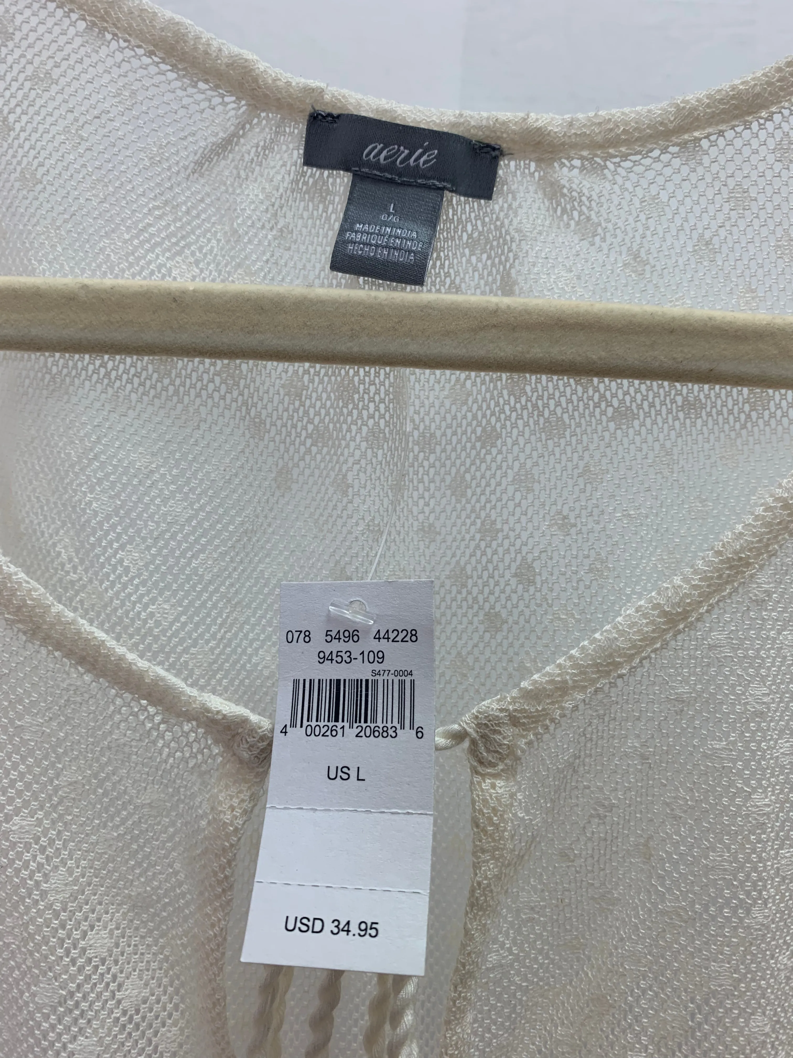 NWT - AERIE cream Sheer Net Dot Short Sleeve Shirt - Large