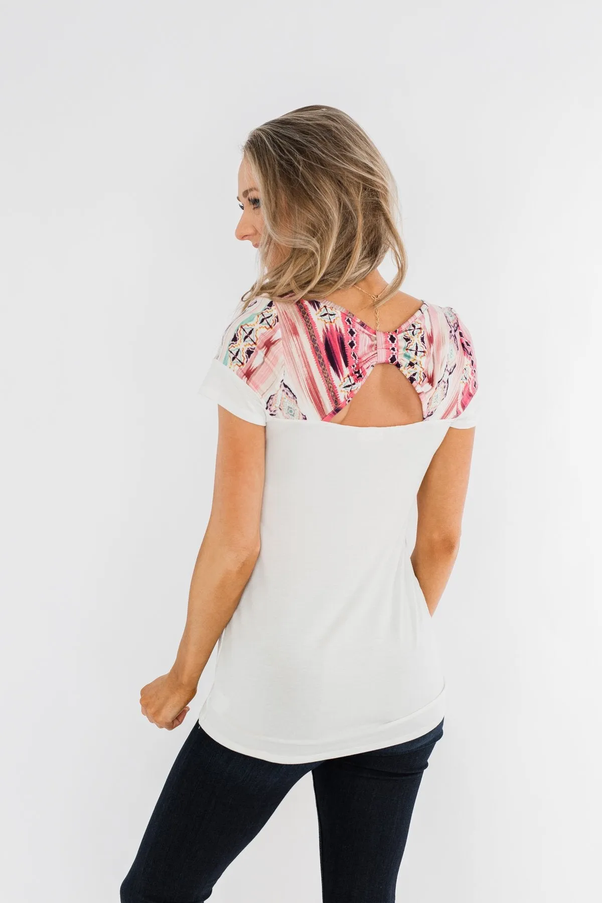 Opened Up My Eyes Bow Back Top- Ivory & Pink Tones