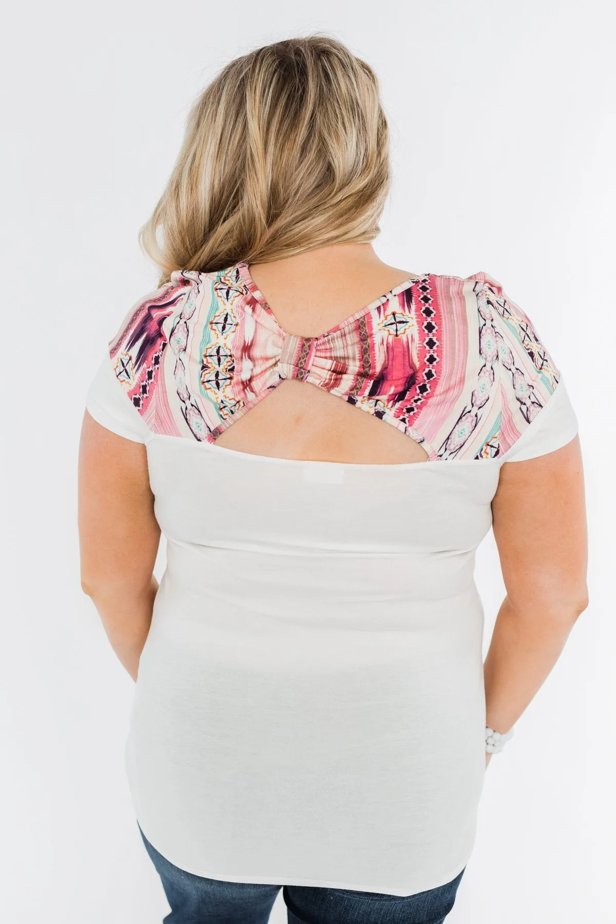 Opened Up My Eyes Bow Back Top- Ivory & Pink Tones