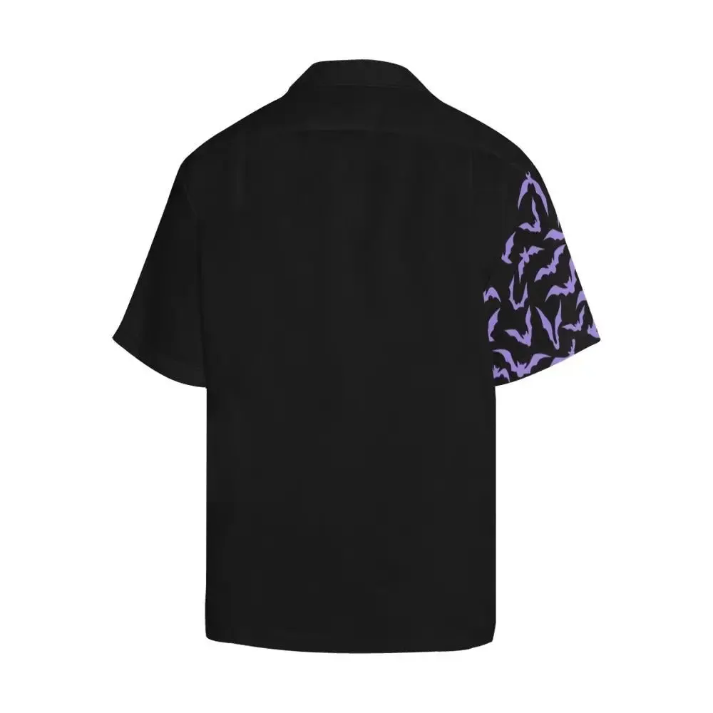 Pastel Goth Short Sleeve Shirt with Purple Bat Pattern and Notch Lapel Collar