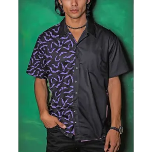 Pastel Goth Short Sleeve Shirt with Purple Bat Pattern and Notch Lapel Collar