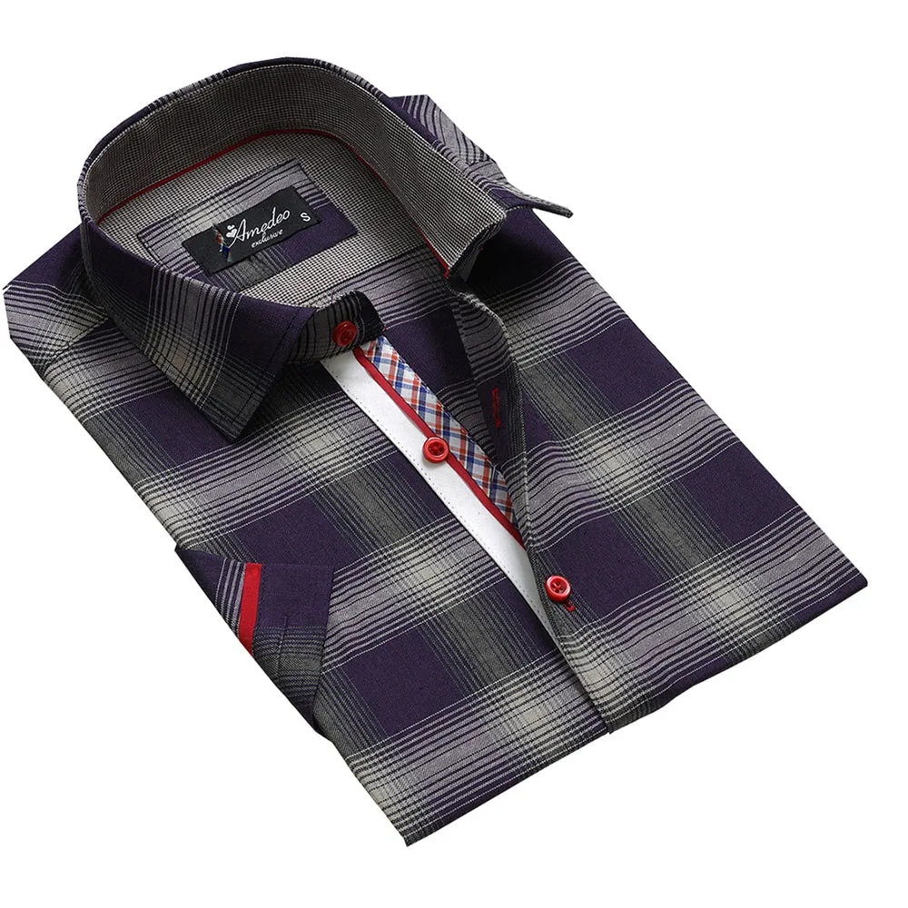 Purple Grey Checkered Mens Short Sleeve Button up Shirts - Tailored Slim Fit Cotton Dress Shirts