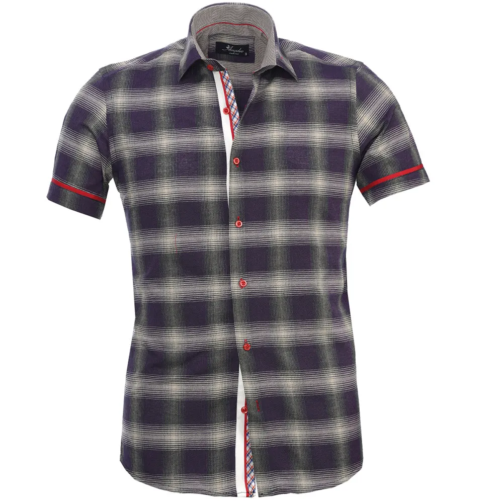 Purple Grey Checkered Mens Short Sleeve Button up Shirts - Tailored Slim Fit Cotton Dress Shirts