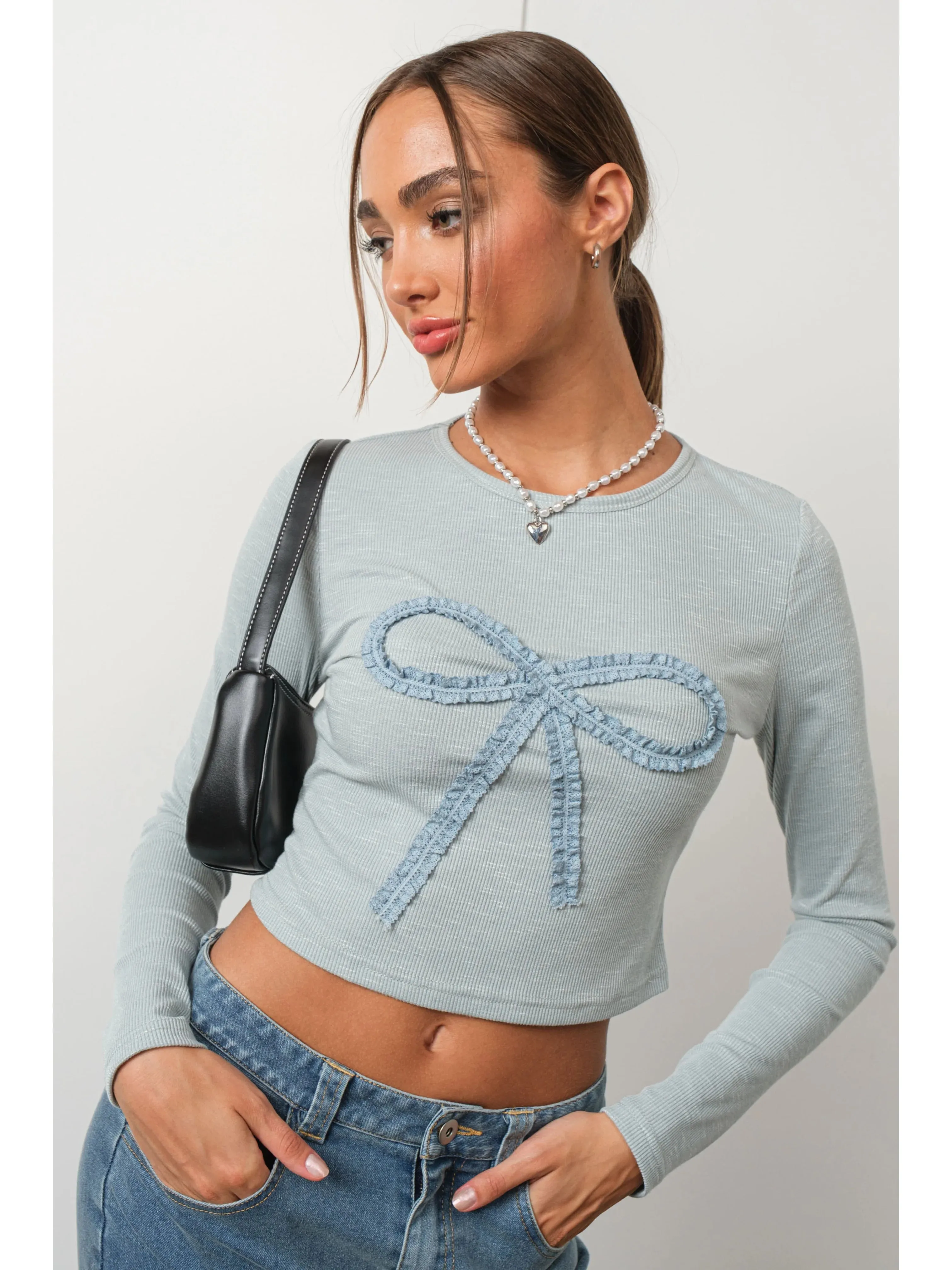 Ruby & Jenna Women's Bow Ribbed Knit Top