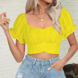 ruffle puff sleeve tie back top