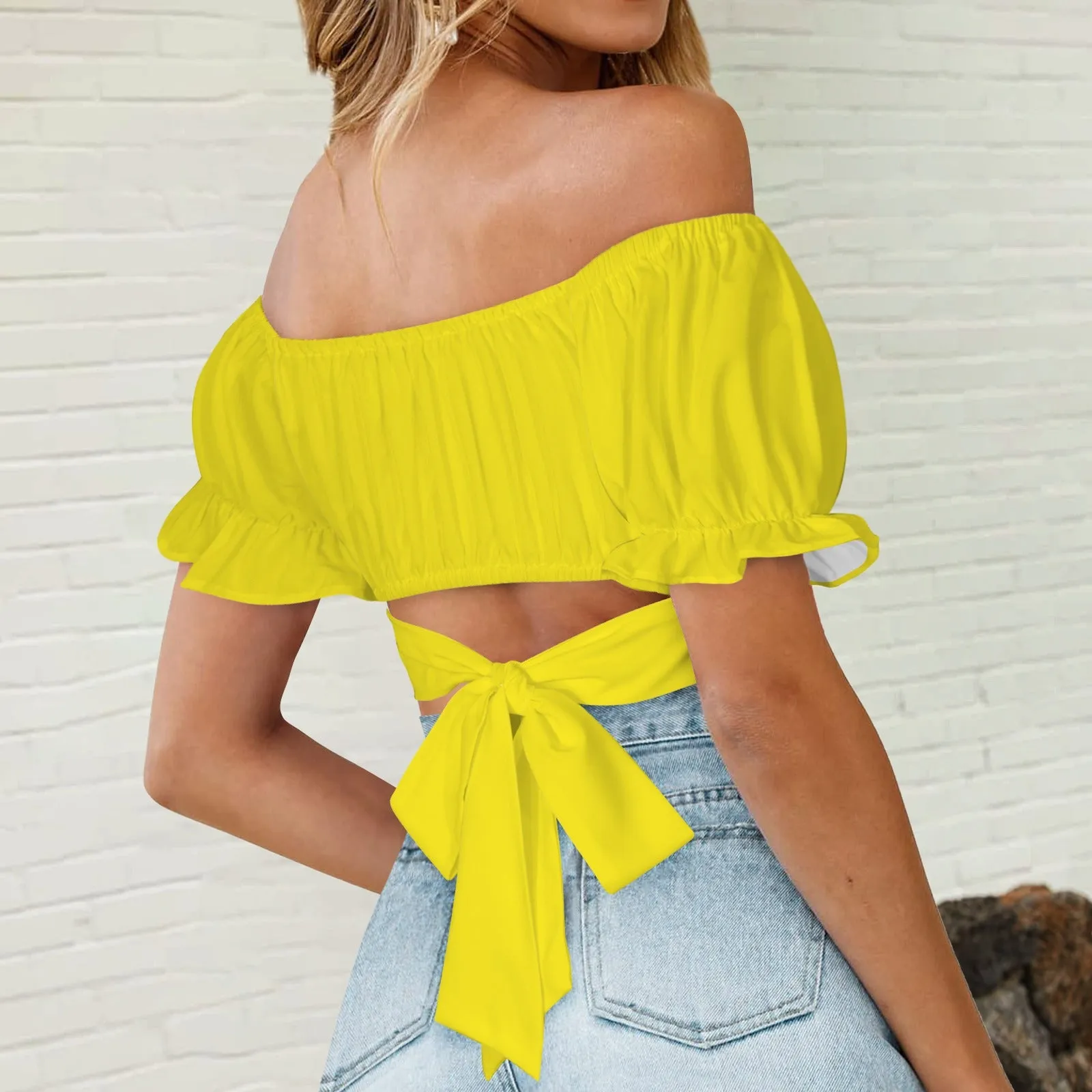 ruffle puff sleeve tie back top